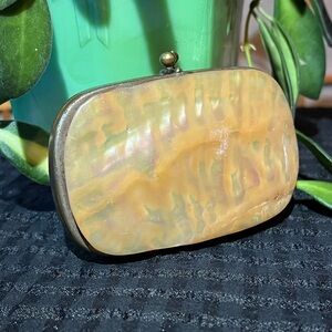 Antique 19th c. mother of pearl coin purse with contents handmade collectible